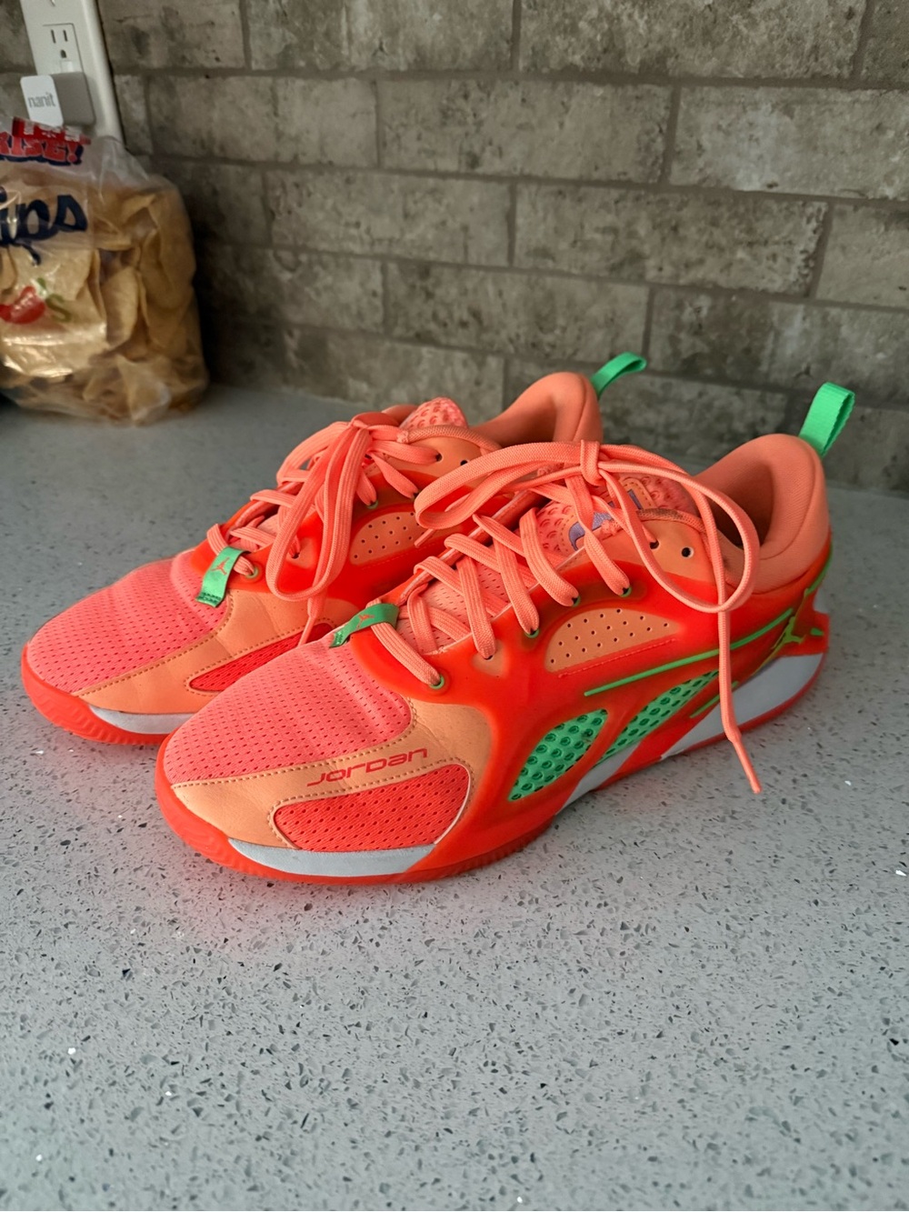 Jordan Men's Neon Orange Athletic Sneakers with Green Accents